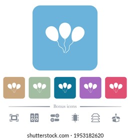 Three balloons white flat icons on color rounded square backgrounds. 6 bonus icons included