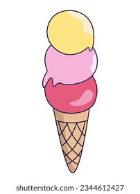Three balls ice cream cone. Sweets in outline cartoon style.