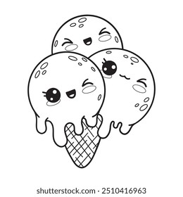 Tres bolas de cono de helado. Esquema lindo dulce personaje de dibujos animados kawaii. Dibujo de líneas, libro para colorear. Ilustración vectorial. Colección de niños.