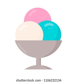 Three balls of ice cream in a cup isolated on white. Cartoon icecream in flat style. Concept of summer desserts and kids celebration. Vector illustration. Italian Gelato. Easy to edit design template.