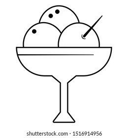 Three balls of ice cream served on a glass cup. Vector illustration in black and white. Icon for websites and mobile applications.