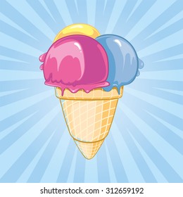 three balls of ice cream in a wafer cup in the form of a cone