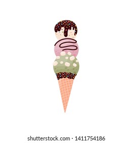 Three balls of ice cream in a waffle cone. Vector illustration on white background.