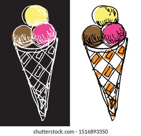 three balls of ice cream in a waffle cup, snack, illustration, vector