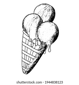 Three balls of ice cream in a waffle cup in doodle style. Sketch. Hand Drawn.
