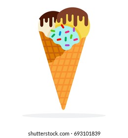 Three balls of ice cream in a waffle cone with confectionery powder and chocolate sauce vector flat material design isolated on white