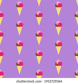 Three balls of ice-cream, including brown, pink and magenta, in beige waffle cone, on violet background, seamless pattern 