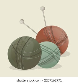three balls of multi-colored threads for knitting and knitting