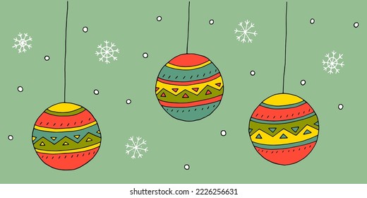 Three balls on the Christmas tree. Christmas tree decorations for New Year and Christmas. Toys. Snowflakes. Holiday. Christmas balls. Doodle. Drawn by hand.