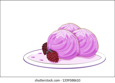 three balls of pink ice cream, and raspberry on a plate