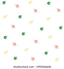 Three balls of yarn with knitting needles. Seamless pattern