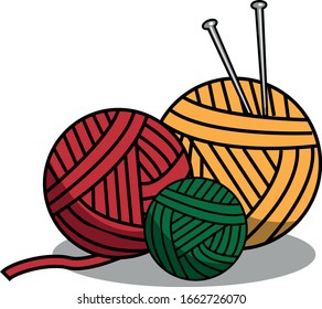 Three balls of yarn for knitting with two knitting needles. Vector illustration.