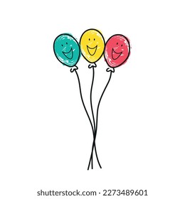 Three baloons cartoon style. Blue, yellow and red ballon with smile face on white background. Holiday card design. Vector illustration.