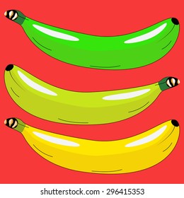 three bananas in different colors on a red background