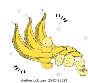 Three bananas forming a composition with different slices. Vector graphic  isolated on a white background
