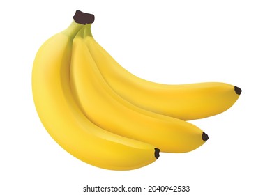 Three bananas on a white background Bananas are good for health, fresh banana fruit, ripe banana, Bunch of bananas.