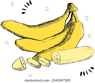 Three bananas with slices forming a composition are isolated on a white background. Vector graphic illustration
