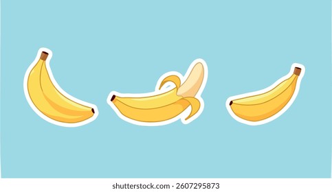 three bananas in various states: whole partially peeled and halved