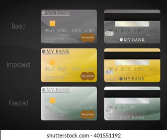 Three bank cards / Set of three bank cards (basic, improved and elite)