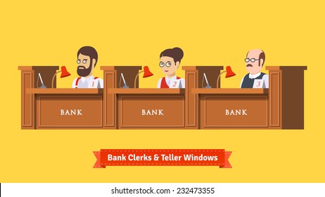 Three bank clerks at work. Teller windows with working professionals. Flat illustration. EPS 10 vector.