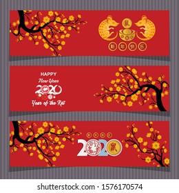 three banner for chinese new year 2020 year of the rat flowers and asian elements ( Chinese Translation : happy new year)

