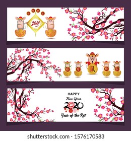three banner for chinese new year 2020 year of the rat flowers and asian elements ( Chinese Translation : happy new year)

