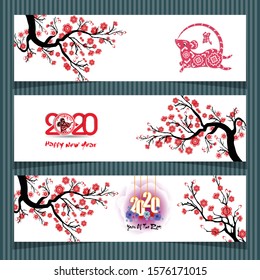 three banner for chinese new year 2020 year of the rat flowers and asian elements . ( Chinese Translation : Rat)

