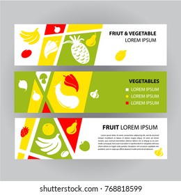 Three banner for fruit and vegetable delivery. Silhouette food. Sketch drawn illustration.