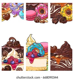 Three banner, label, postcard templates with cakes, desserts, sweets and empty place for text, sketch vector illustration. Banner, label, postcard design for candy shop with pastries and desserts