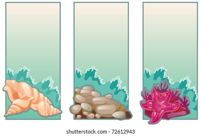 Three banner with marine backgrounds (seashells, starfish, stones)