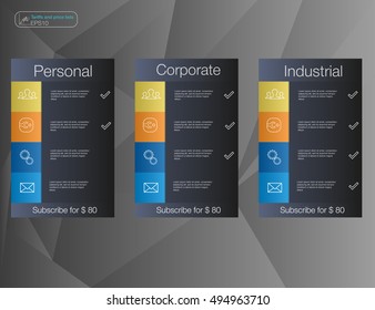 Three banner, price list, interface for the site. vector banner for web app.