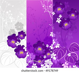 Three banner with a stylized, artistic painted violets and ornamental plants on a white and purple background.