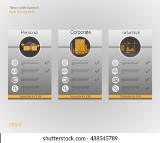 Three banner for the tariffs and price lists. Web elements. Plan hosting. Vector design for web app. Plan for website in flat design.
