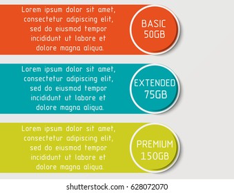 Three banner for the tariffs and price lists. Web elements. Plan hosting. Vector design for web app. Plan for website in flat design