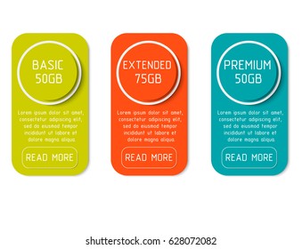 Three banner for the tariffs and price lists. Web elements. Plan hosting. Vector design for web app. Plan for website in flat design