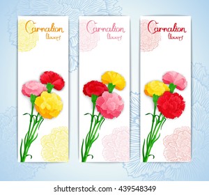 Three banner template with bouquet of multicolored carnations. Vector illustration. Stylized design for flyer, banner and other decoration