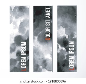 Drei Banner mit abstrakter schwarzer Farbwaschfarbe. Traditionelle japanische Tinte Waschmittel sumi-e. 