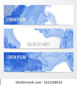 Three banners with abstract blue ink painting. Classic blue - color of the year 2020.