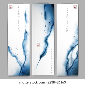 Three banners with abstract blue ink wash painting in minimalist oriental style. Traditional oriental ink painting sumi-e, u-sin, go-hua. Translation of hieroglyph - zen.