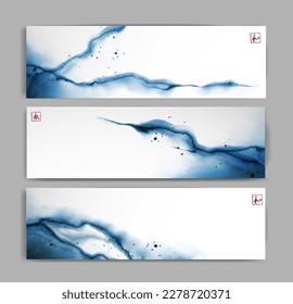 Tres banderas con pintura abstracta de color azul sobre fondo blanco. Tinta oriental tradicional sumi-e, u-sin, go-hua. Traducción de jeroglíficos - armonía, eternidad.