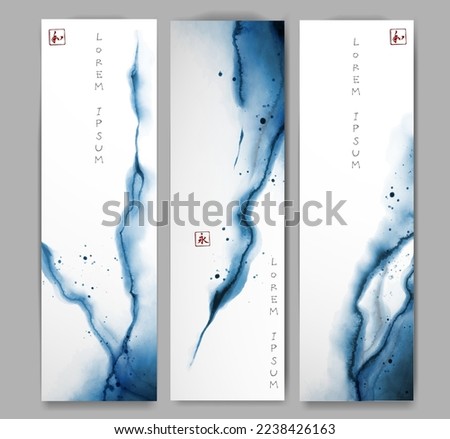 Three banners with abstract blue ink wash painting in minimalist oriental style. Traditional oriental ink painting sumi-e, u-sin, go-hua. Translation of hieroglyph - zen.