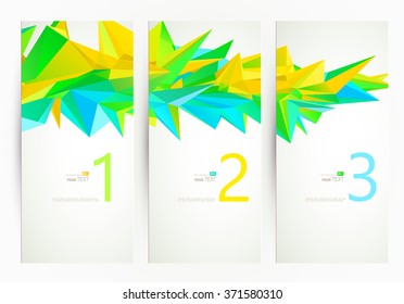 Tres pancartas. Grupo abstracto de elementos triangulares para el diseño.
