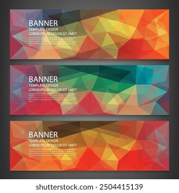 Three banners with abstract multicolored polygonal mosaic background. Vector
