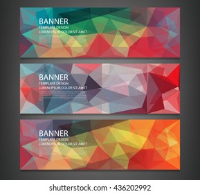 Three banners with abstract multicolored polygonal mosaic background. Modern geometric triangular pattern. Business design template. Website header template. Vector illustration