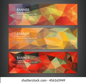 Three banners with abstract multicolored polygonal mosaic background. Modern geometric triangular pattern. Business design template. Website header template. Vector illustration