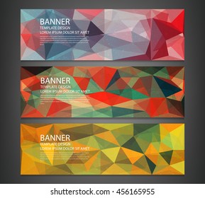 Three banners with abstract multicolored polygonal mosaic background. Modern geometric triangular pattern. Business design template. Website header template. Vector illustration