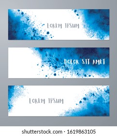 Three banners with abstract vibrant blue ink wash painting and place for your text. Vector grunge illustration