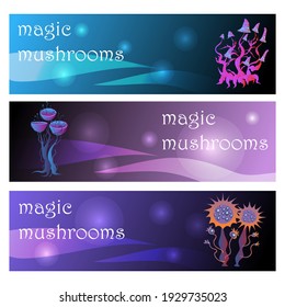 Three banners, alien magic mushrooms. Vector graphics.