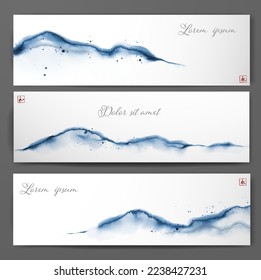Three banners with blue mountains in simple and clean oriental minimalist style. Traditional Japanese ink wash painting sumi-e. Translation of hieroglyphs - eternity, harmony.