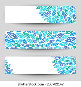 Three banners with blue stylized leaves.